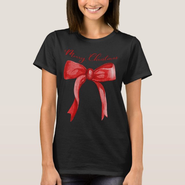 T-shirt Joyeux Noël Rouge Coquette Bow Joyeux Et Lumineux (Devant)