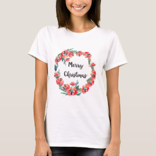 T-shirt Joyeux Noël Rouge Floral Aquarelle Wreath