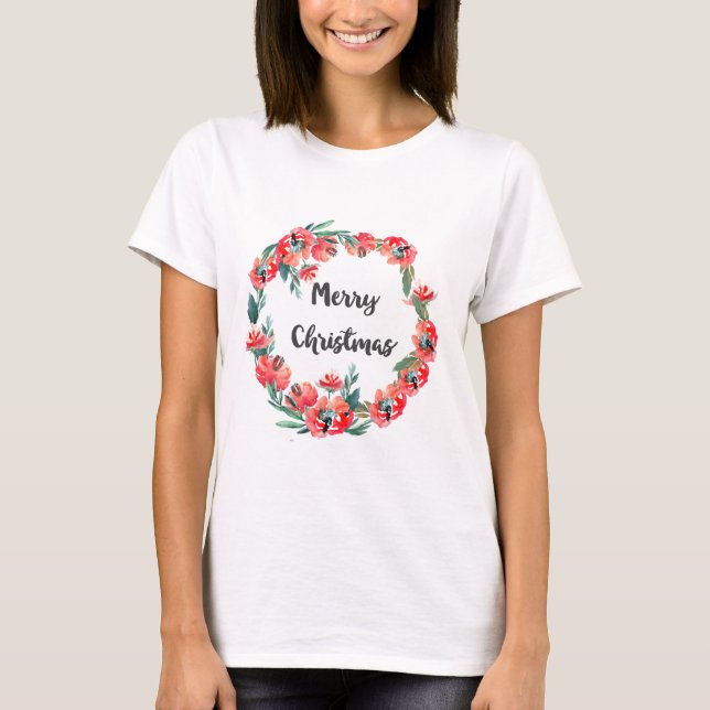 T-shirt Joyeux Noël Rouge Floral Aquarelle Wreath (Devant)