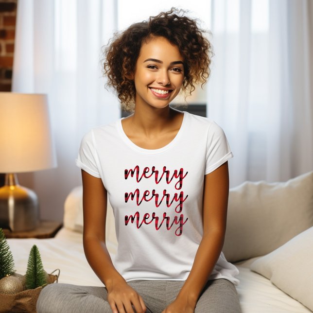 T-shirt Joyeux Noël Rouge moderne Script mignonne Femmes (Merry Christmas Red Modern Script Cute Women's T-Shirt)