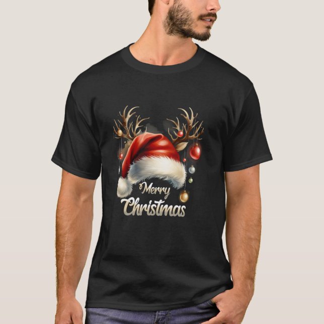 T-shirt Joyeux Noël Rouge Père Noël Chapeau Reindeer Famil (Devant)