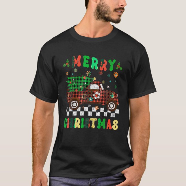 T-shirt Joyeux Noël Rouge Plaid Buffalo Camion Arbre Noël (Devant)