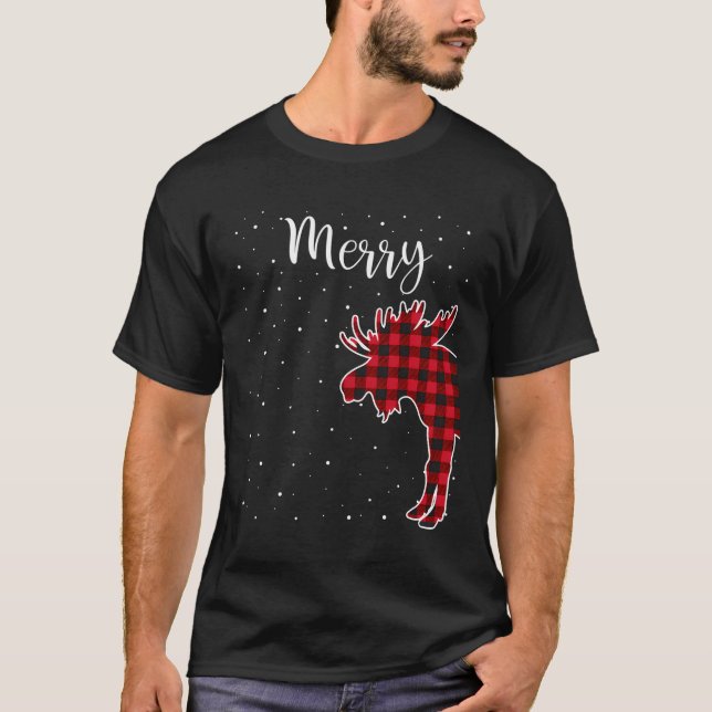 T-shirt Joyeux Noël Rouge Plaid Buffalo Moose Couples Ma (Devant)