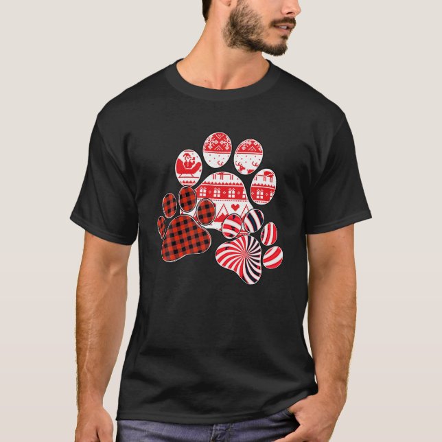 T-shirt Joyeux Noël Rouge Plaid Sucre de canne chien Empre (Devant)
