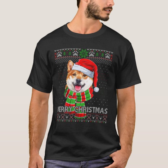 T-shirt Joyeux Noël Shiba Inu Casquette Père Noël Scarf Ug (Devant)