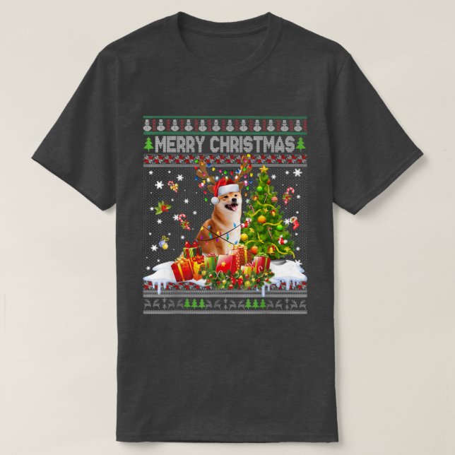T-shirt Joyeux Noël Shiba Inu Père Noël Xmas Tree Lights U (Design devant)
