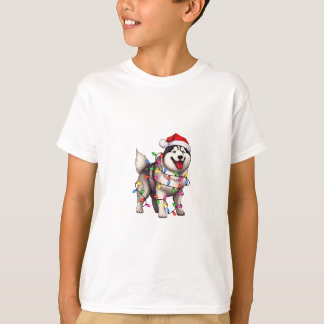 T-shirt Joyeux Noël Sibérien Husky avec Santa Hat (Devant)