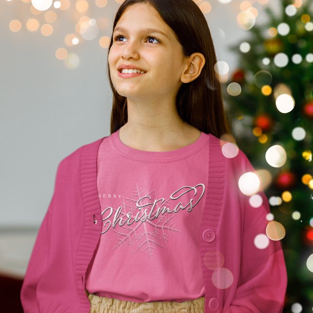 T-Shirt Joyeux Noël Silver Snowflake (Merry Christmas calligraphy script pink t shirt)