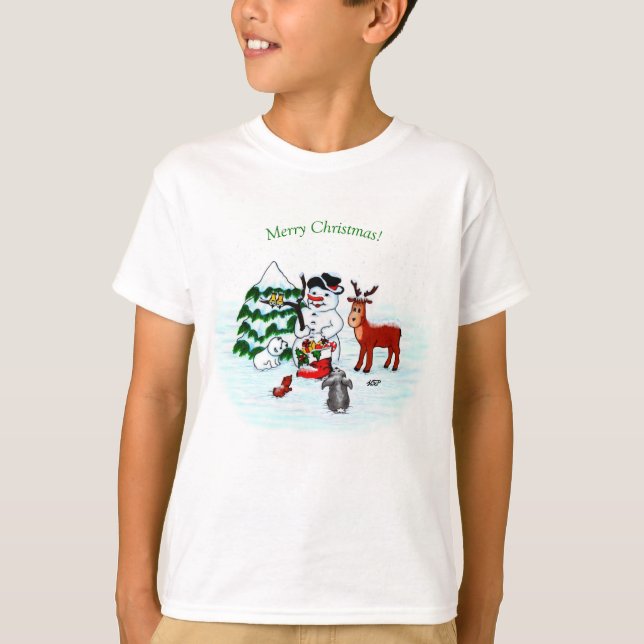 T-shirt Joyeux Noël ! Snowman avec amis (Devant)