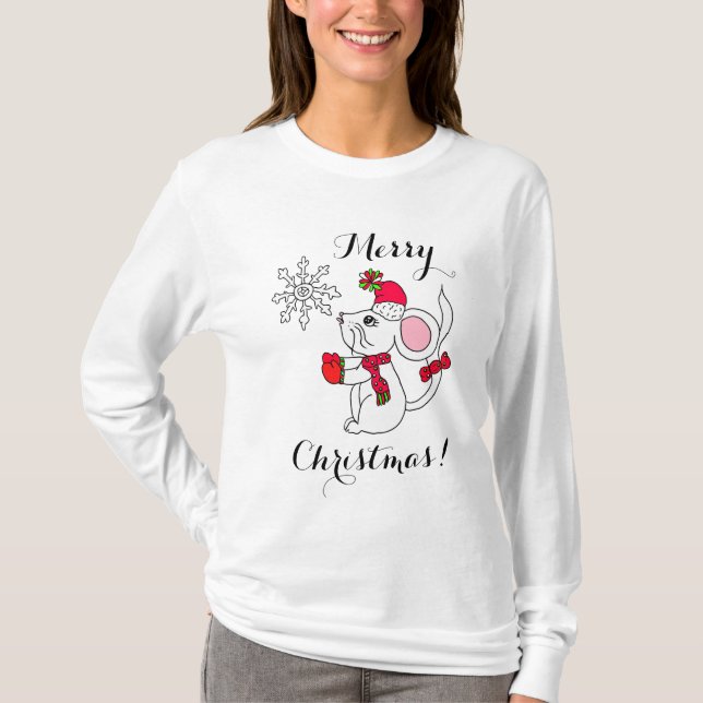 T-shirt Joyeux Noël Souris manger Snowflake (Devant)