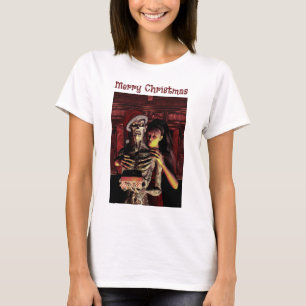 T-shirt Joyeux Noël. Squelette drôle avec femme