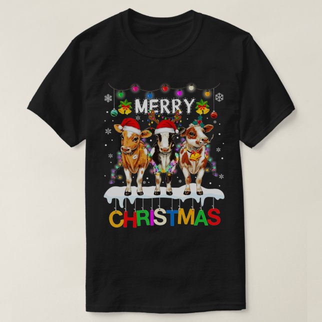 T-shirt Joyeux Noël Vache fermier Santa Hat Flammes  (Design devant)