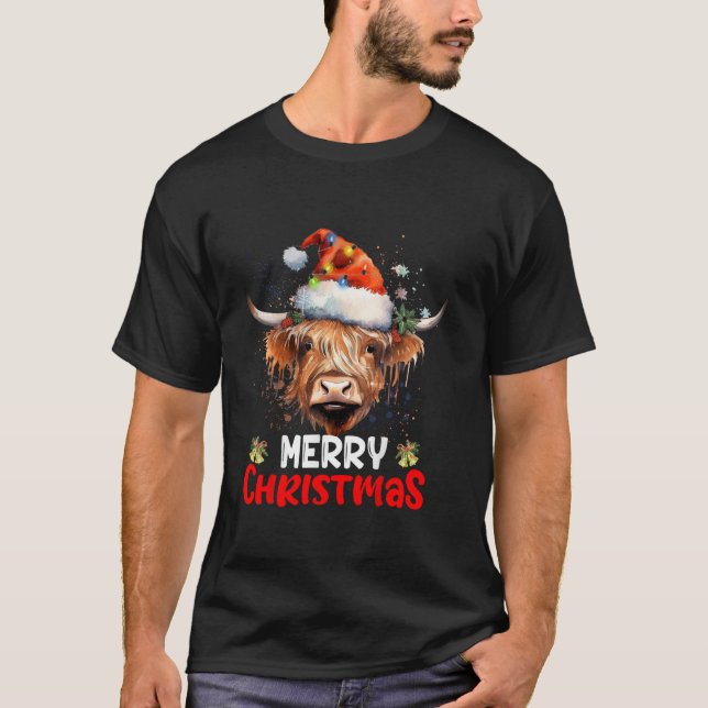 T-shirt Joyeux Noël Vache Highland Ouest Santa Hat Xma (Devant)