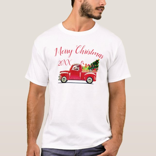 T-shirt Joyeux Noël Vintage Camion Rouge Année (Devant)