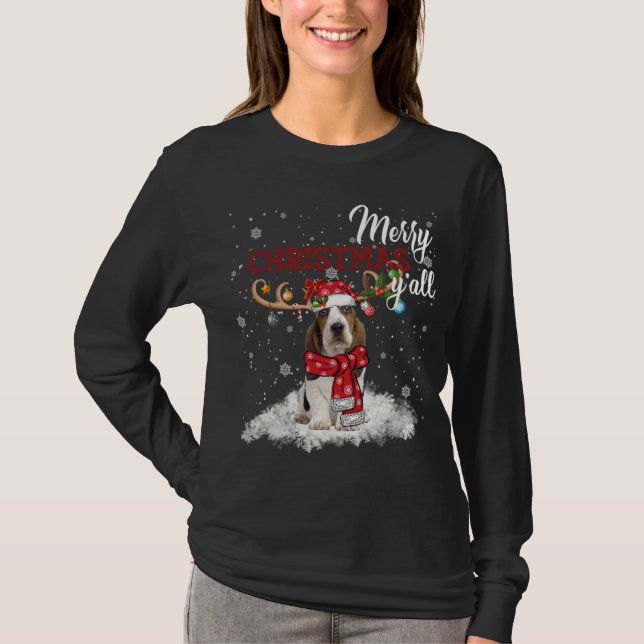 T-shirt Joyeux Noël Y'all Basset Hound Noël Ornam (Devant)