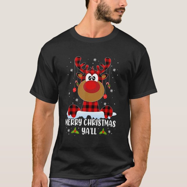 T-shirt Joyeux Noël Ya'll Reindeer Santa Hat Buffalo R (Devant)