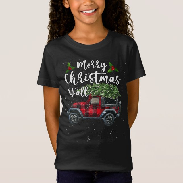 T-Shirt Joyeux Noël Y'all Retro Red Plaid Car Christma (Devant)