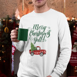 T-shirt Joyeux Noël Y'all Vintage Camion blanc vert<br><div class="desc">Joyeux Noël Y'all - Aquarelle Vintage Camion rouge avec arbre de Noël T-shirt manches longues hommes - Texte vert</div>