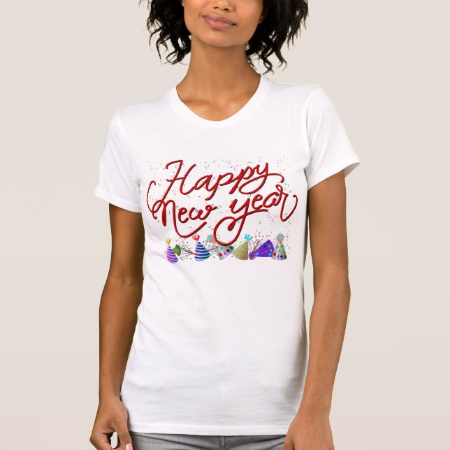 T-shirt Joyeux Nouvel An - Joyeux Texte Rouge Avec Confett (Devant)
