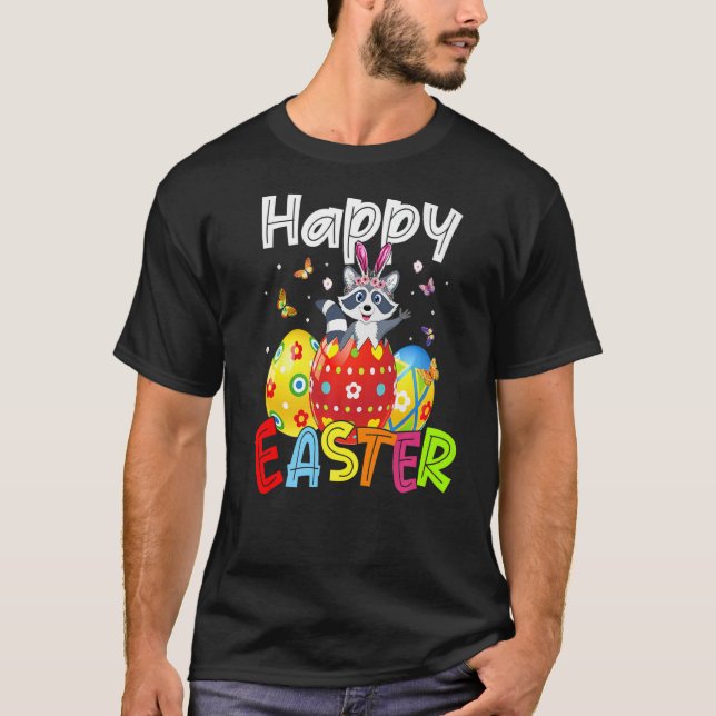 T-shirt Joyeux Pâques Cute Bunny Rabiit Raccoon Oeufs Chas (Devant)