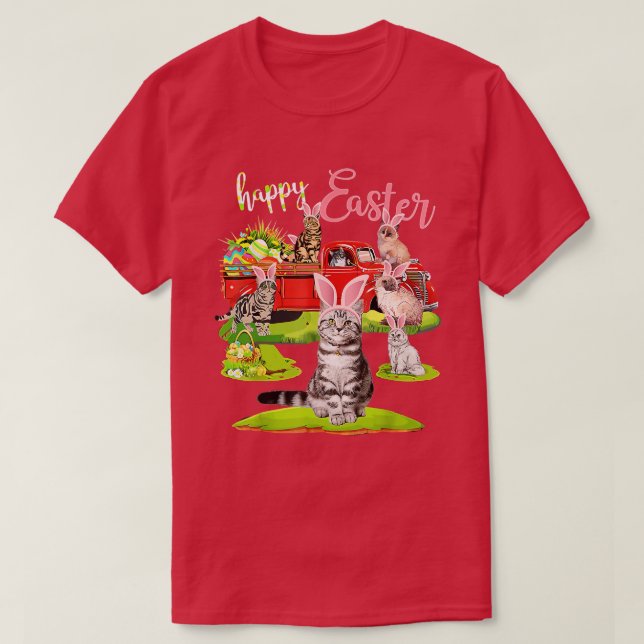 T-shirt Joyeux Pâques Jour Cute Chat équitation Camion Rou (Design devant)