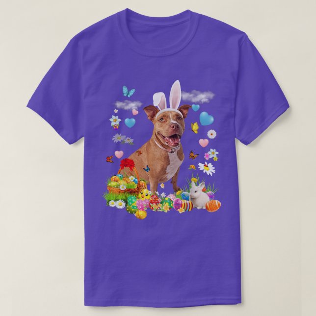 T-shirt Joyeux Pâques mignon lapin Chien Pitbull Oeufs Pan (Design devant)