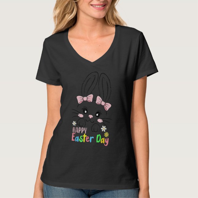 T-shirt Joyeux Pâques mignonne lapin lapin Bow Cravate fil (Devant)