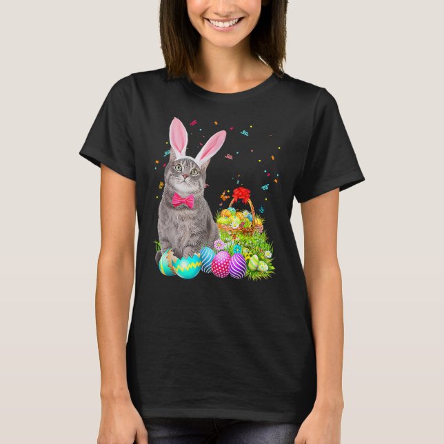 T-shirt Joyeux Pâques mignonne lapin oeufs de chat panier  (Devant)