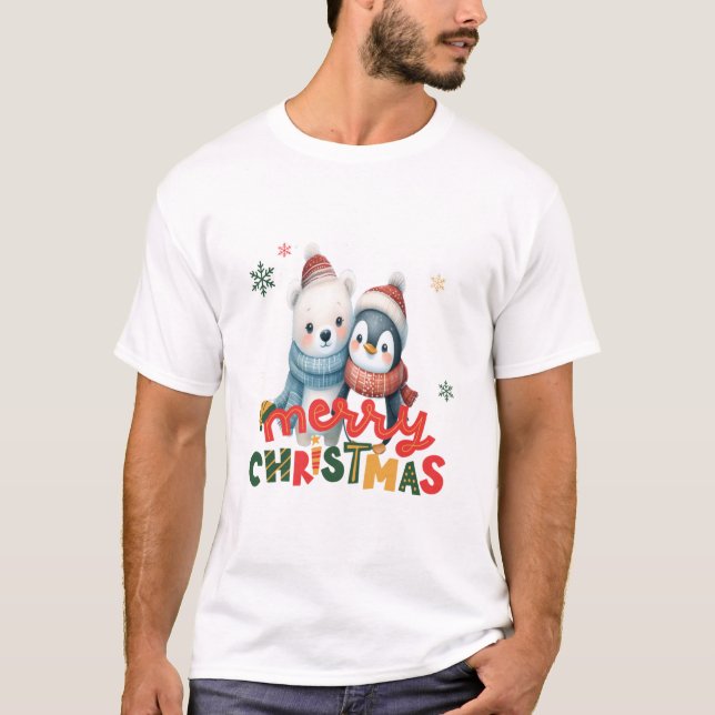 T-shirt Joyeux pingouins de Noël accolé - Joyeux vacances (Devant)