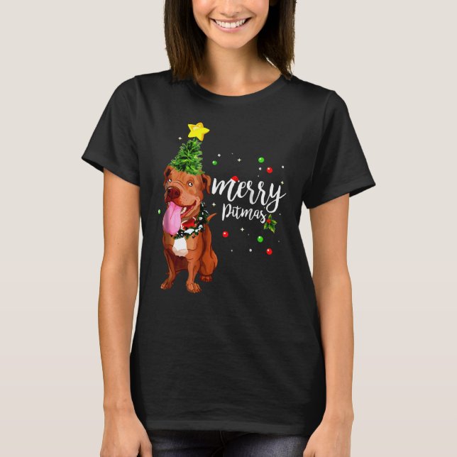 T-shirt Joyeux Pitmas Pitbull Arbre de Noël (Devant)