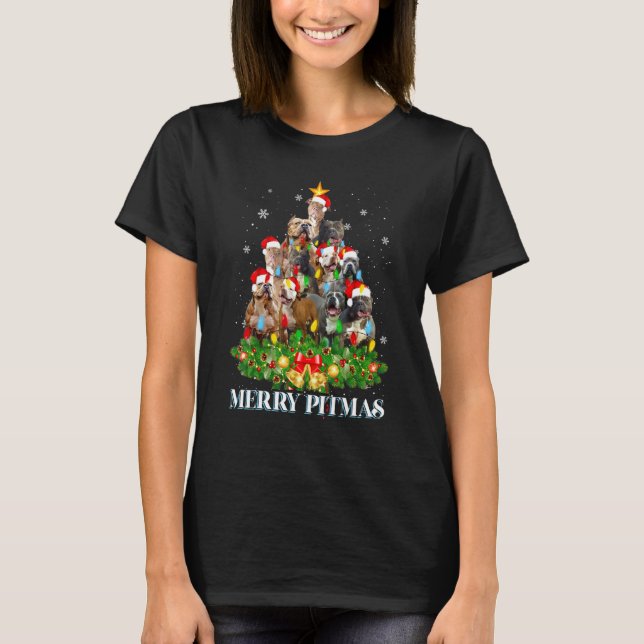 T-shirt Joyeux Pitmas Pitbull Chien Pull de Noël Laid Arbr (Devant)