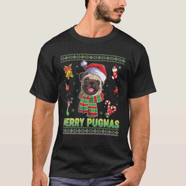 T-shirt Joyeux Pugmas Carlin Chien Feux de Noël Joyeux Joy (Devant)