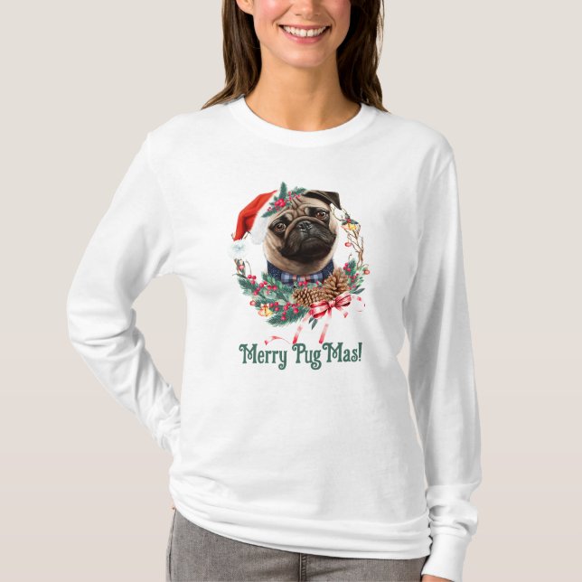 T-shirt Joyeux PugMas - Carlin mignon portant le chapeau d (Devant)