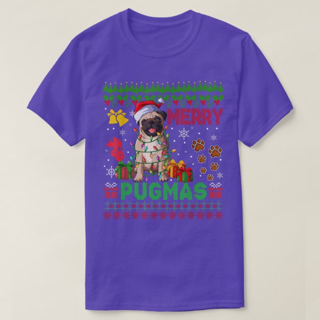T-shirt Joyeux Pugmas feux de Noël Père Noël Carlin chien  (Design devant)