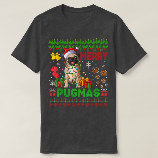T-shirt Joyeux Pugmas feux de Noël Père Noël Carlin chien  (Design devant)