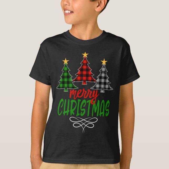 T-shirt Joyeux sapin de Noël Trois buffles Plaid (Devant)