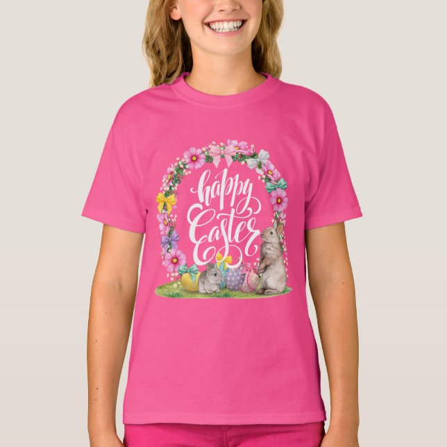 T-shirt Joyeux Script de Pâques Floral Pink Easter Bunny E (Devant)