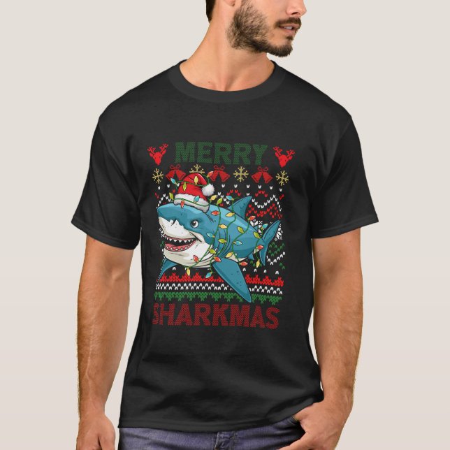 T-shirt Joyeux Sharkmas laids Noël Shark Lights Père Noël  (Devant)