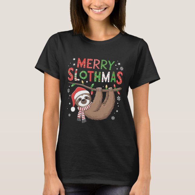 T-shirt Joyeux Slothmas Santa Hat Pyjamas Filles d'Amoureu (Devant)