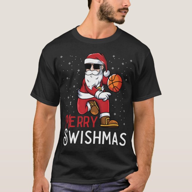 T-shirt Joyeux Swishmas Drôle Noël Père Noël Basketball Pl (Devant)