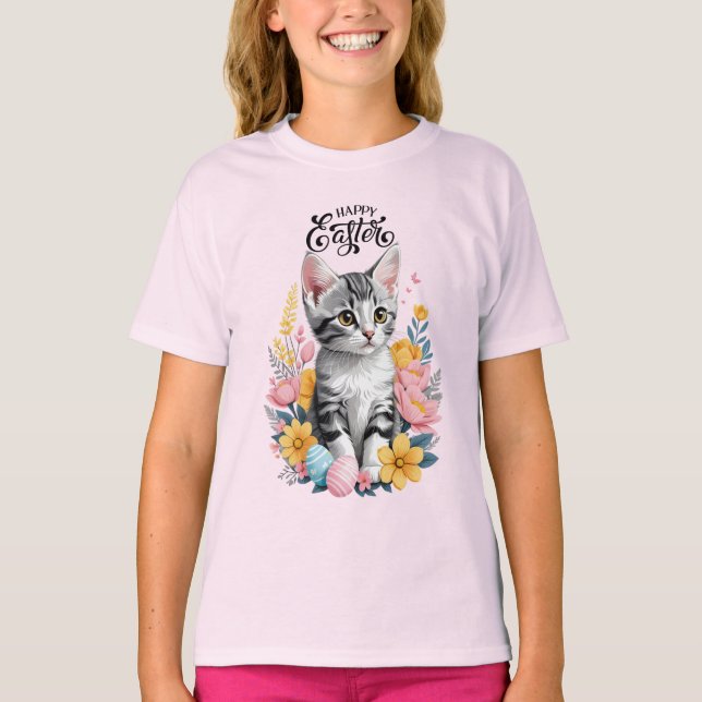 T-shirt Joyeux Tabby Gris de Pâques avec fleurs (Devant)
