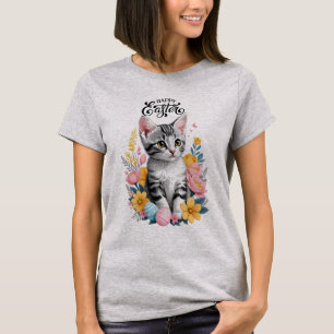 T-shirt Joyeux Tabby Gris de Pâques avec fleurs