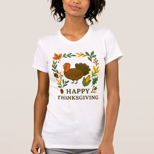 T-shirt Joyeux Thanksgiving Dinde Blanche  (Devant)