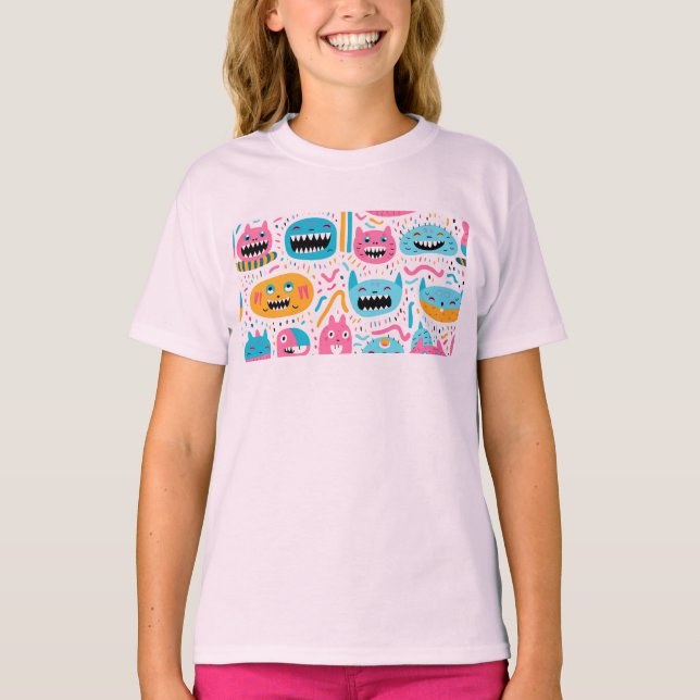 T-shirt Joyeux visage de chat et de monstre (Devant)