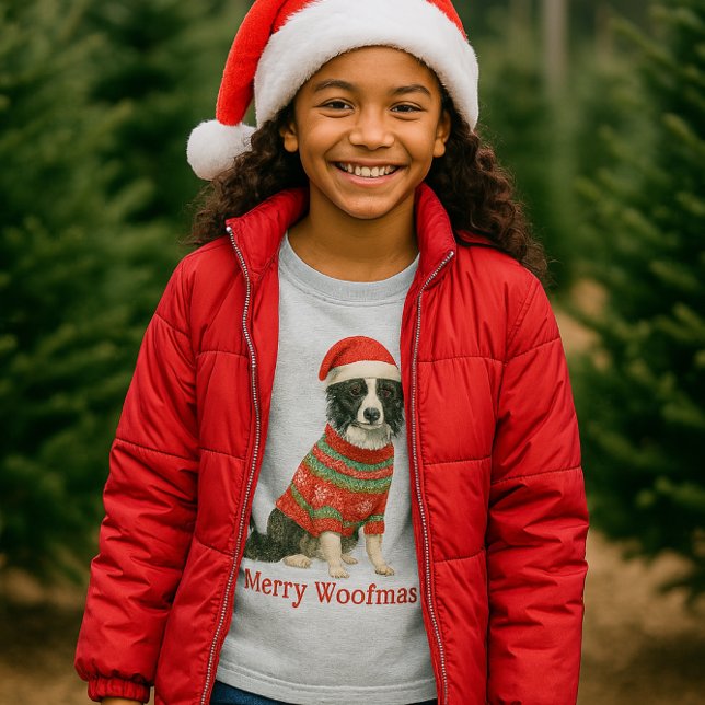 T-Shirt Joyeux Woofmas Border Collie Noël  (Festive Border Collie fashion tee for girls )
