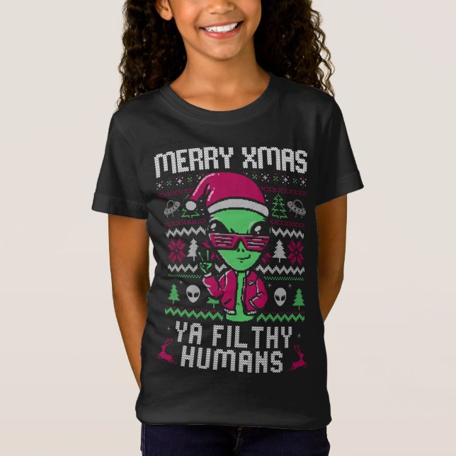 T-Shirt Joyeux XMas Ya Fil Thes Humains Drôle Alien Ugly S (Devant)
