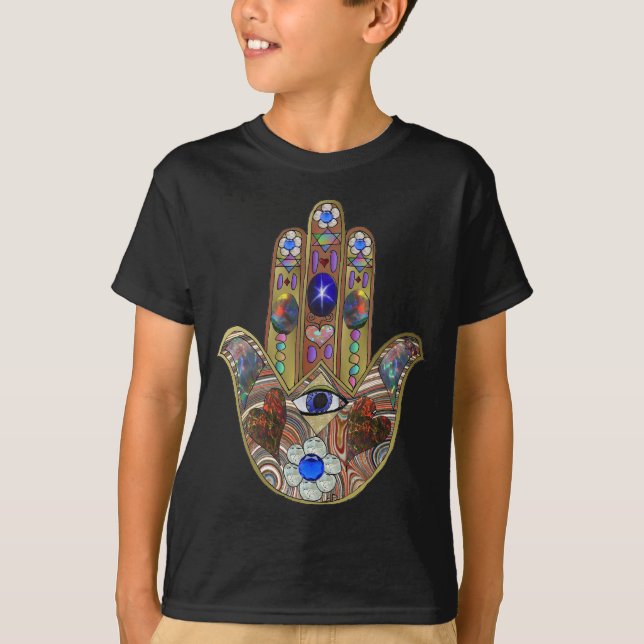 T-shirt Judaica Hamsa Coeurs Fleurs Opal Art Imprimer (Devant)