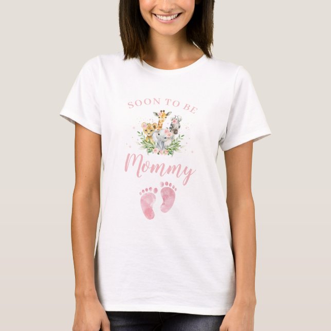 T-shirt Jungle Animal empreintes rose Bientôt être maman (Devant)