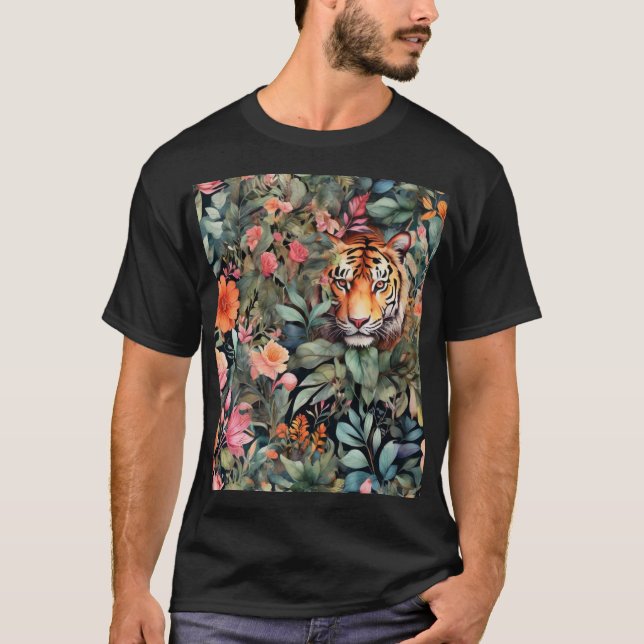 T-shirt jungle colorée avec tigre caché (Devant)