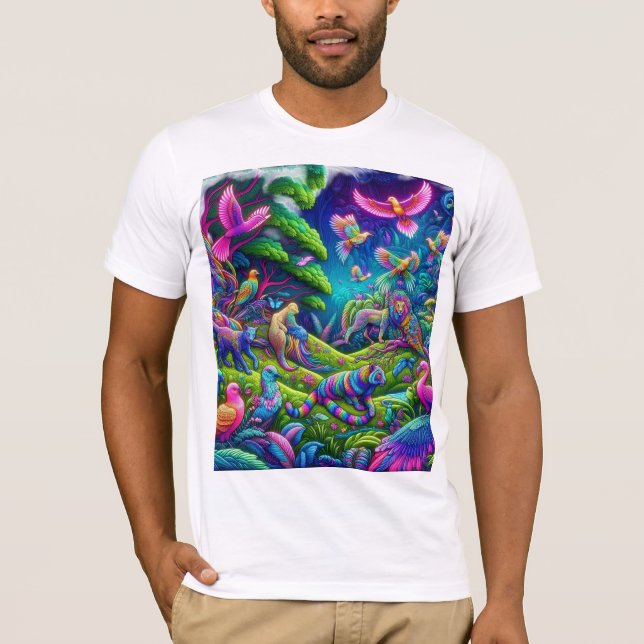 T-shirt Jungle psychédélique - Animaux et oiseaux en effer (Devant)